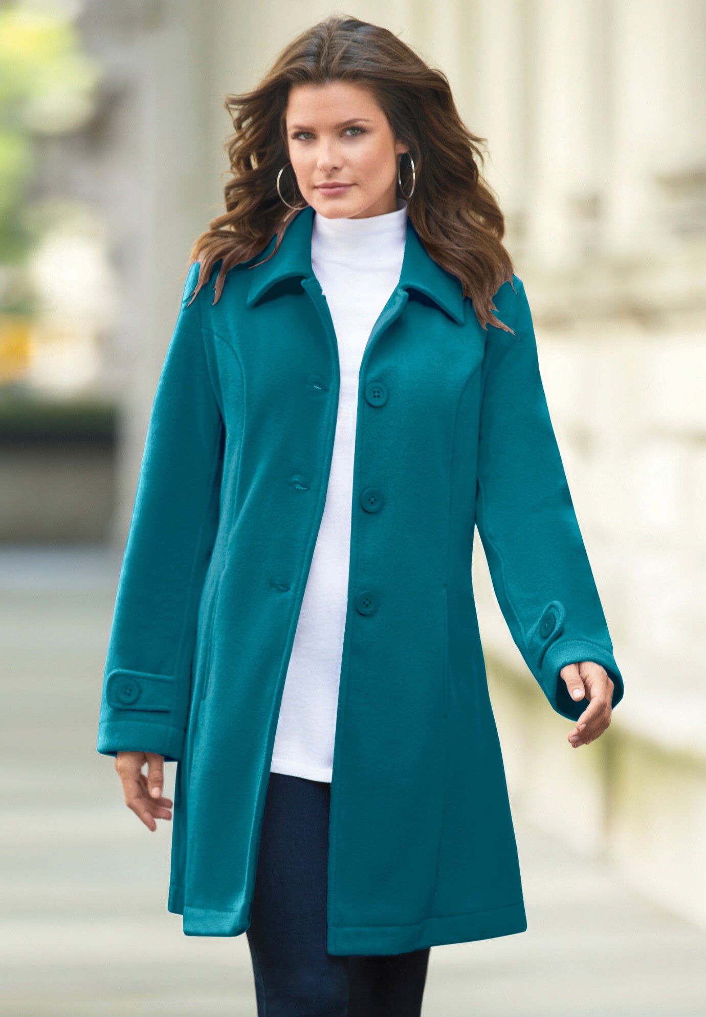 Plus Size Button Up Fleece Jacket, DEEP LAGOON, hi-res image number 0