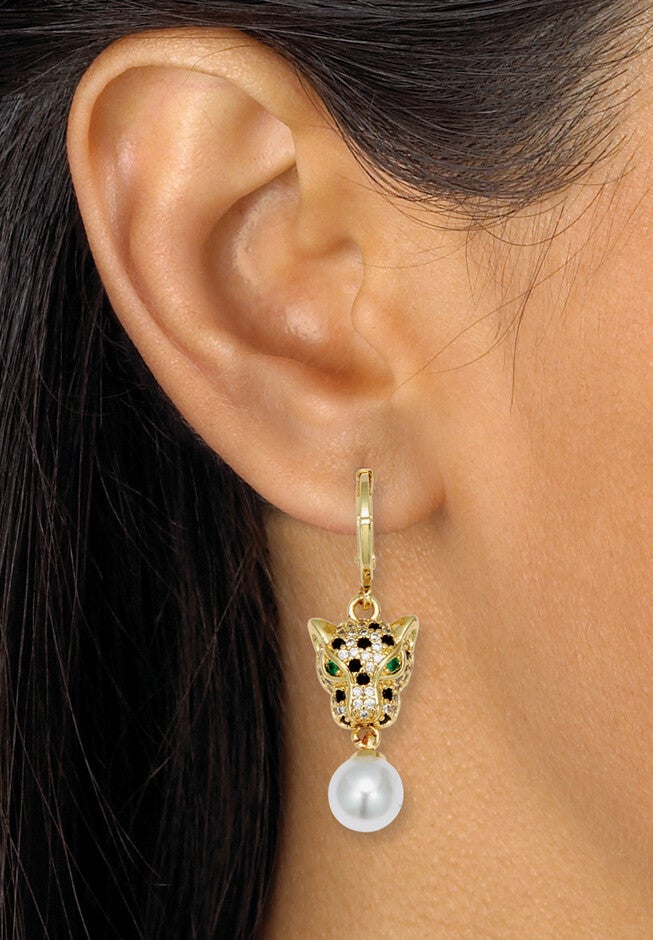 Round Simulated Pearl And Crystal Goldtone Drop Earrings, 22X12Mm, , alternate image number null