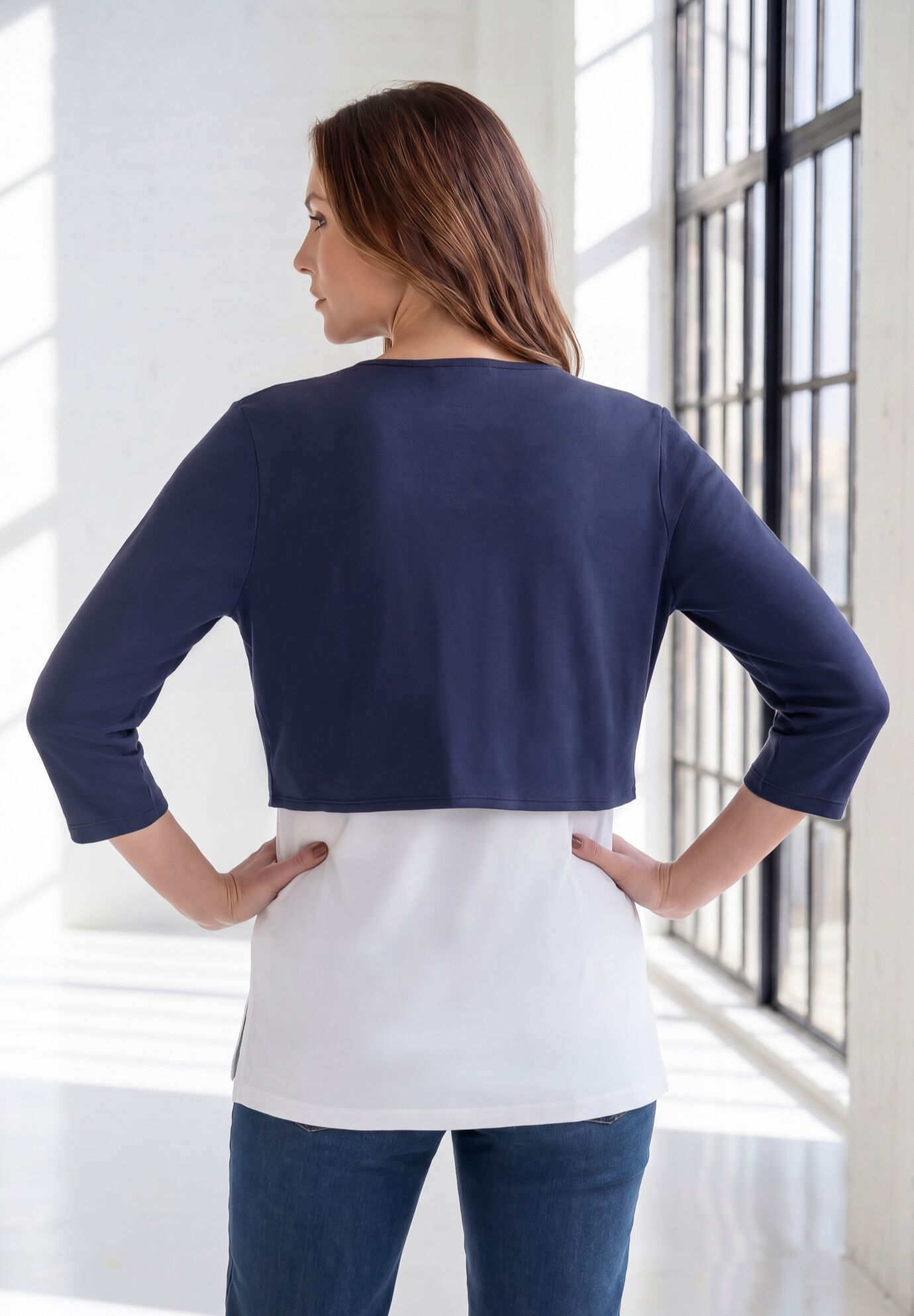 Bolero Cardigan with Three Quarter Sleeves, NAVY, alternate image number 2