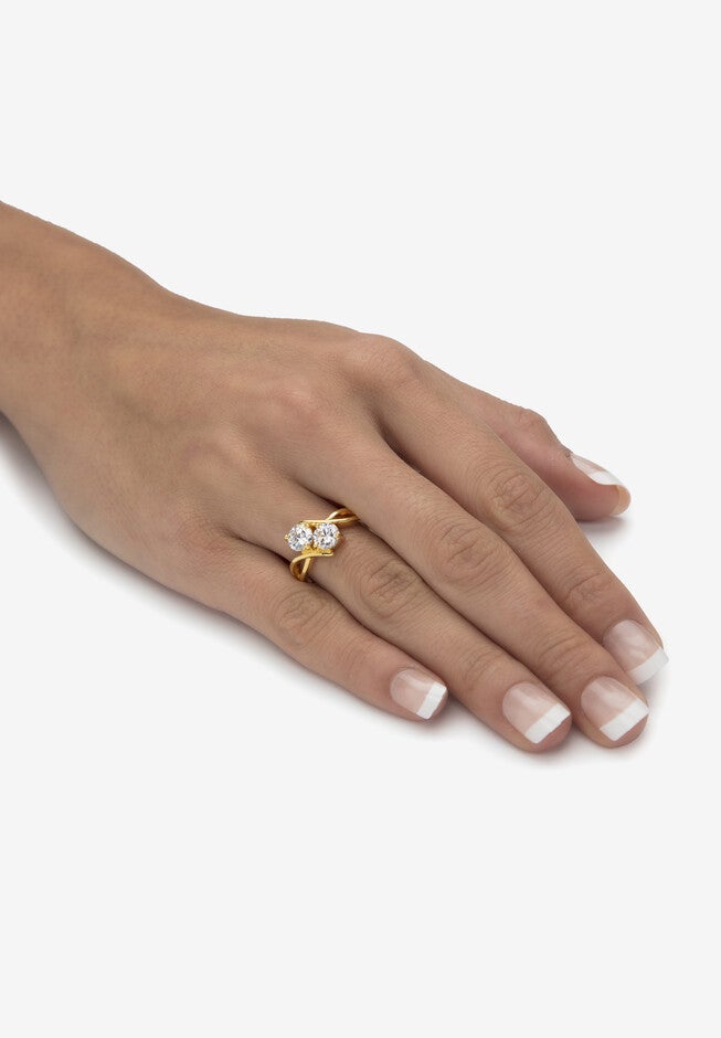 1.96 Cttw Cubic Zirconia 14K Gold-Plated Sterling Silver 2-Stone Bypass Ring, , alternate image number null