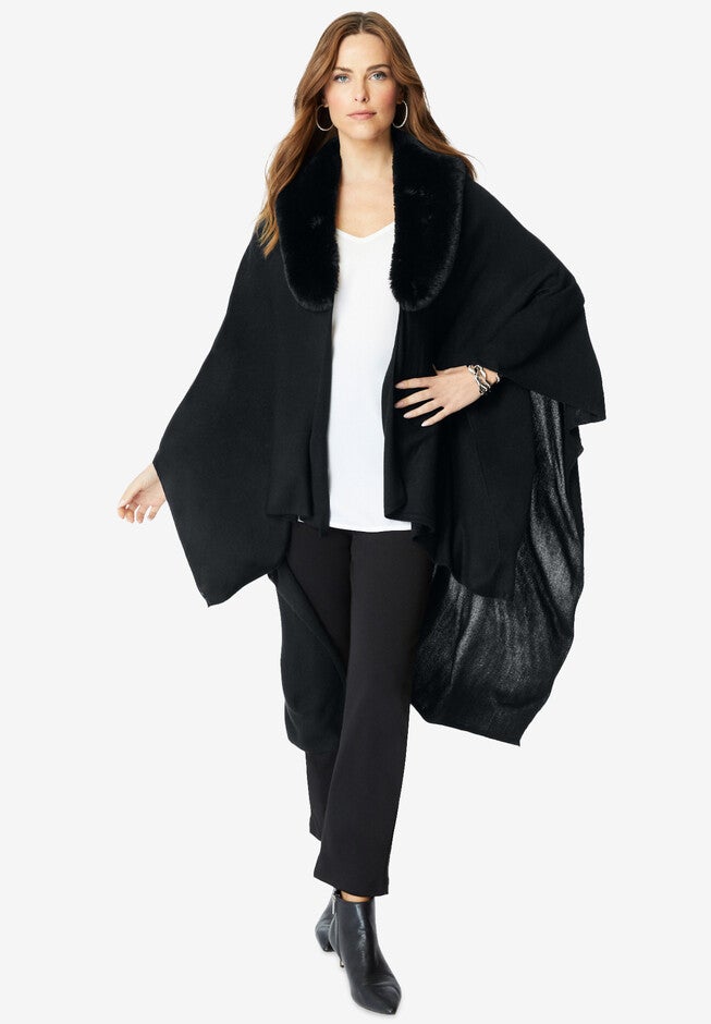 Faux Fur-Trimmed Shawl, BLACK, hi-res image number null