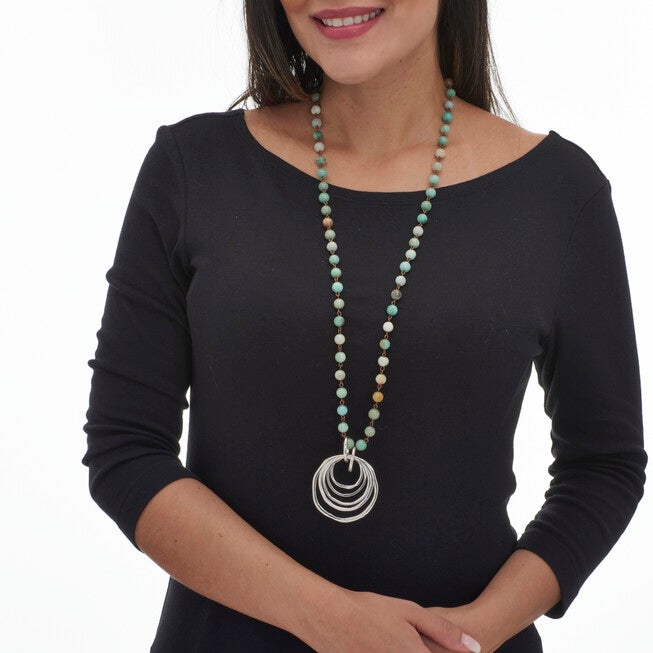 Round Genuine Green Amazonite Silvertone Drop Pendant Necklace 34-inch, GREEN, alternate image number null
