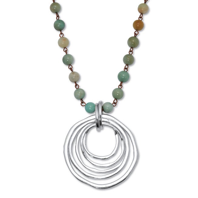 Round Genuine Green Amazonite Silvertone Drop Pendant Necklace 34-inch, GREEN, hi-res image number null