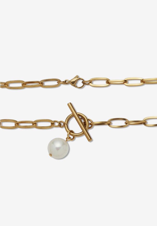 Simulated Pearl Gold Ion-Plated Stainless Steel Paperclip Necklace Set 18 Inch, , on-hover image number 1