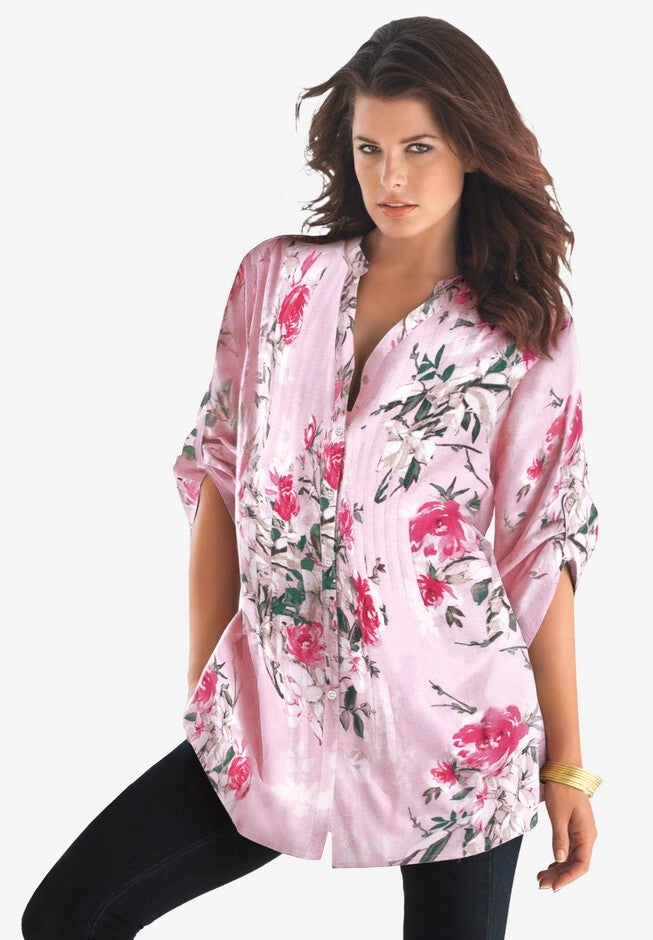 Plus Size Floral Y-Neck Pintuck Tunic – Adjustable Long Sleeve Button-Front, Relaxed Shirt Style, PINK ROMANTIC ROSE, hi-res image number 0