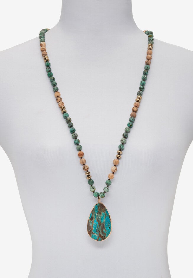Genuine Multicolor Jasper Beaded Goldtone Bezel Set Pendant Necklace 36 Inch, , alternate image number 3