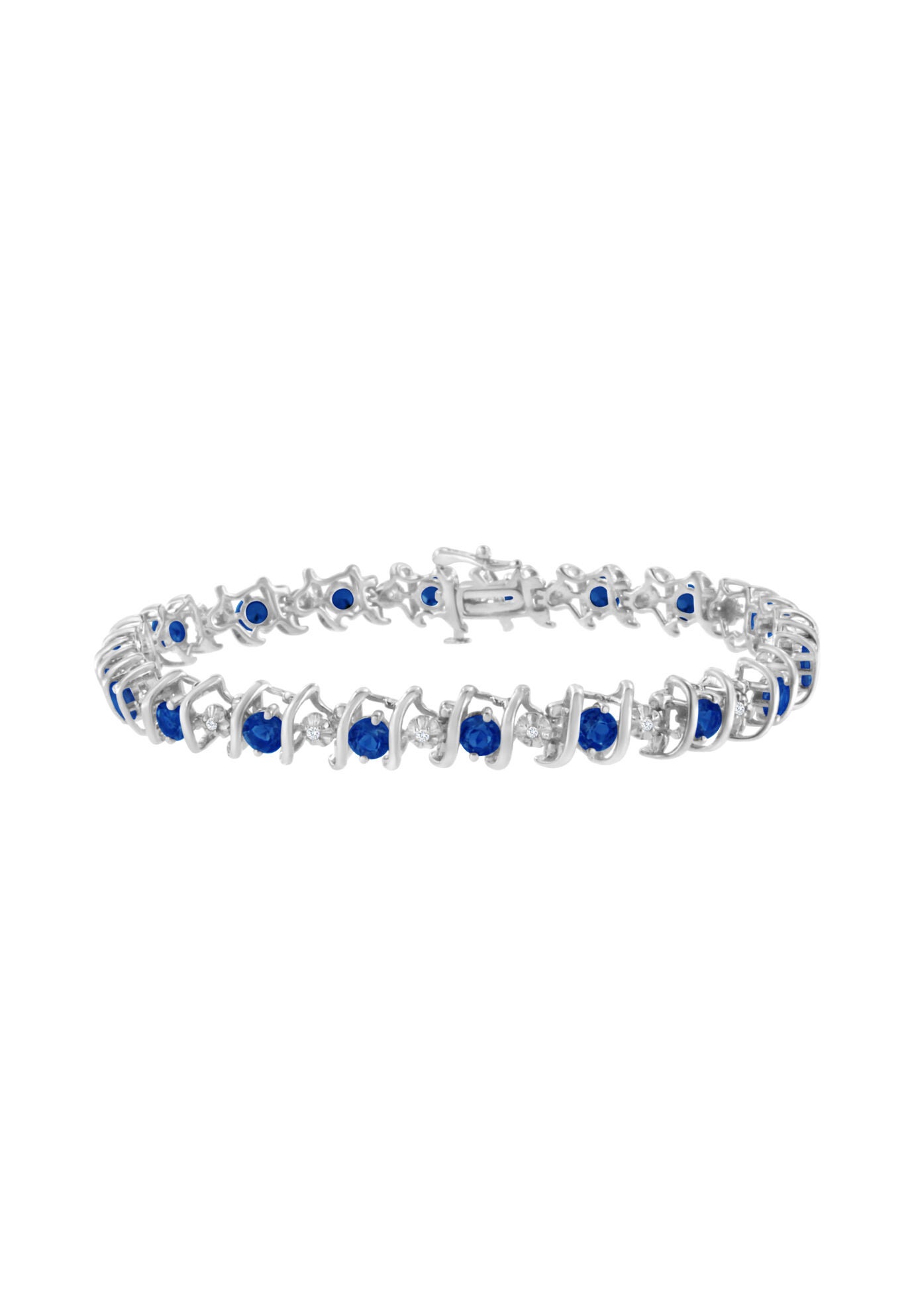 Sterling Silver Gemstone & Round Diamond Tennis Bracelet Blue Sapphire September Birthstone, WHITE, hi-res image number 0