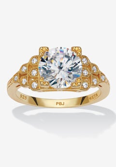 3.12 Tcw Round Cubic Zirconia 14K Gold-Plated Sterling Silver Engagement Ring
