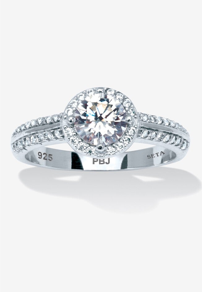 1.22 Tcw Round Cubic Zirconia Sterling Silver Halo Ring, WHITE, hi-res image number 0