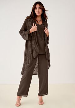 Plus Size Beaded Georgette Scoop Neck 3-Piece Pant Set
