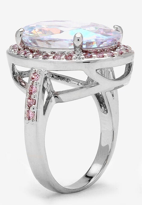 Silver Tone Aurora Borealis and Pink Halo Cocktail Ring, , on-hover image number null