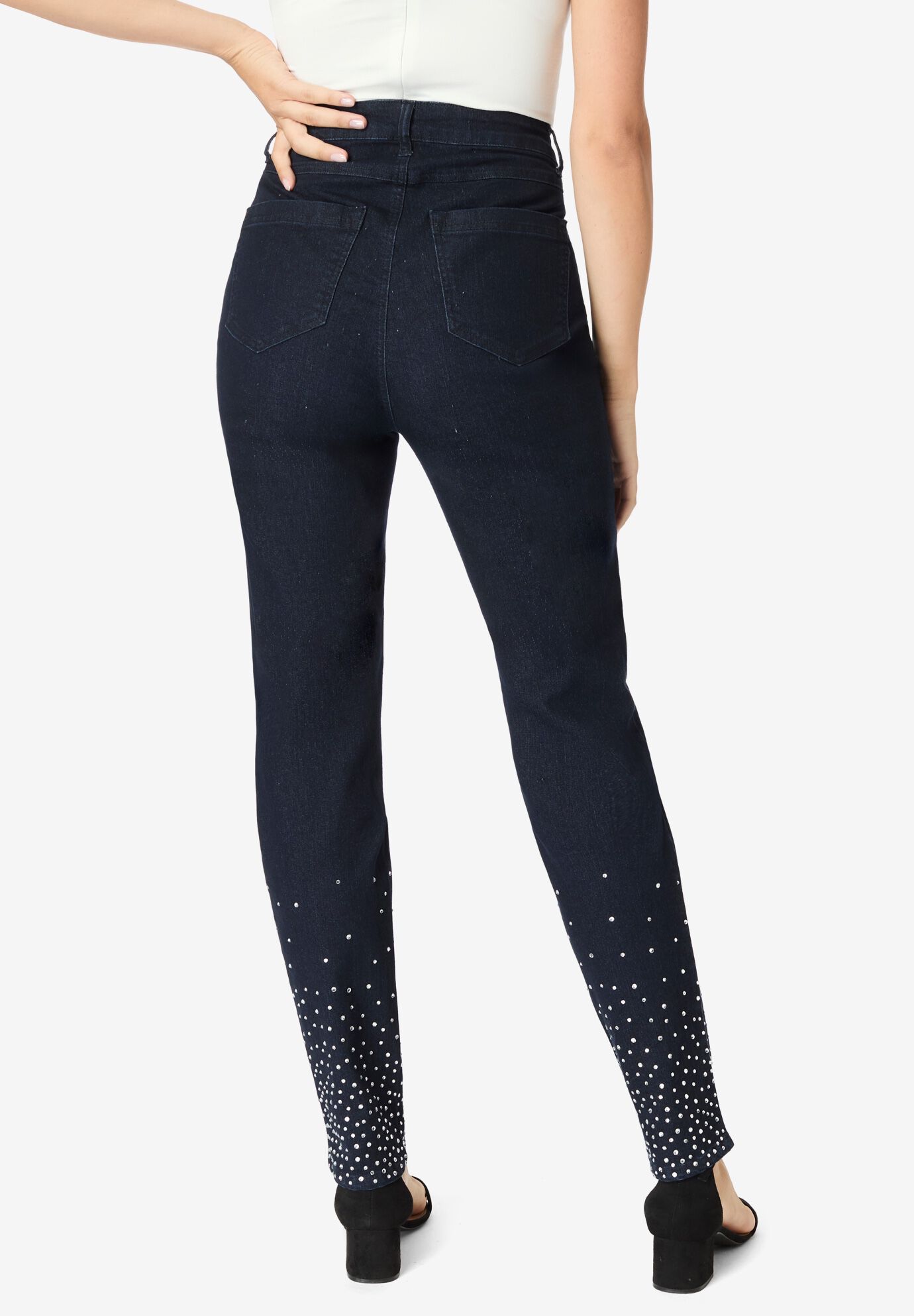 Plus Size Invisible Stretch® Embellished Straight-Leg Iconic Jean, DARK WASH RHINESTONES, on-hover image number 1