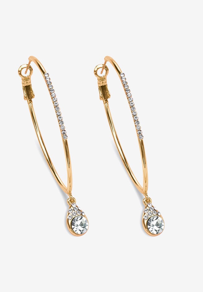 White Crystal Goldtone Hoop Teardrop Earrings (1.5 inches), CRYSTAL, hi-res image number null