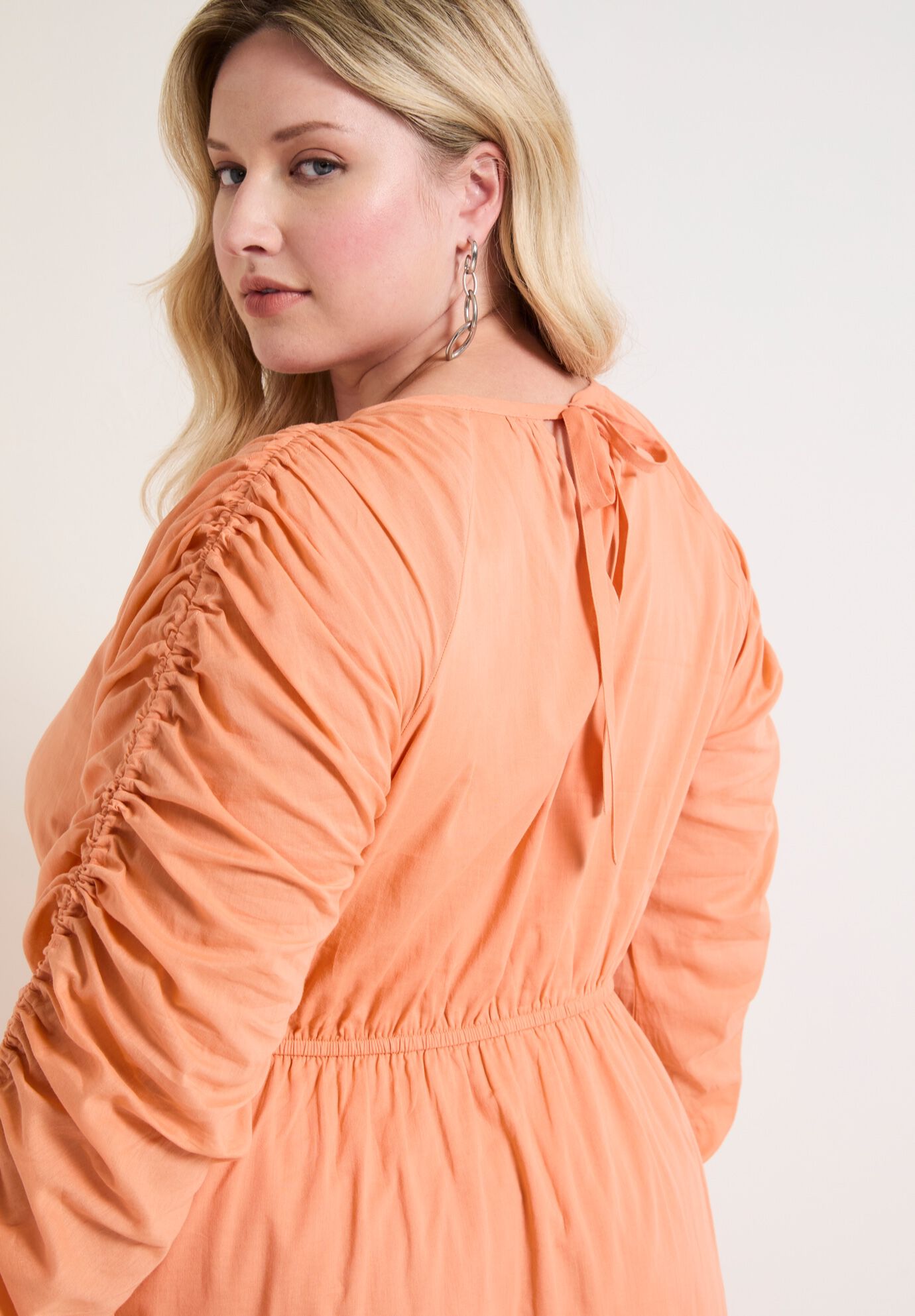 Cotton Voile Ruched Midi Dress, SHELL CORAL, alternate image number 3