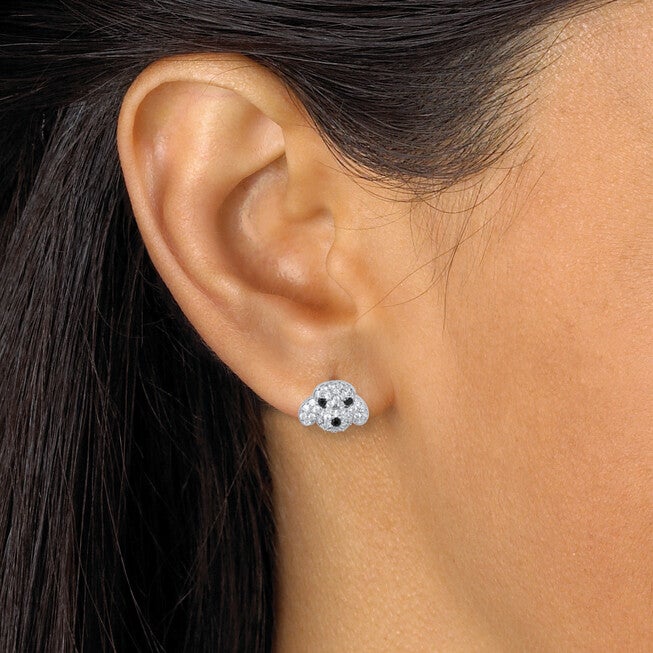 Round Black and White Crystal Silvertone Dog Earrings, WHITE, alternate image number null