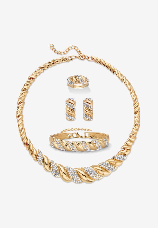 Crystal Goldtone S Link Necklace, Earring & Bracelet Bonus Ring Set 19 inches-21 inches Jewelry, CRYSTAL, hi-res image number 0