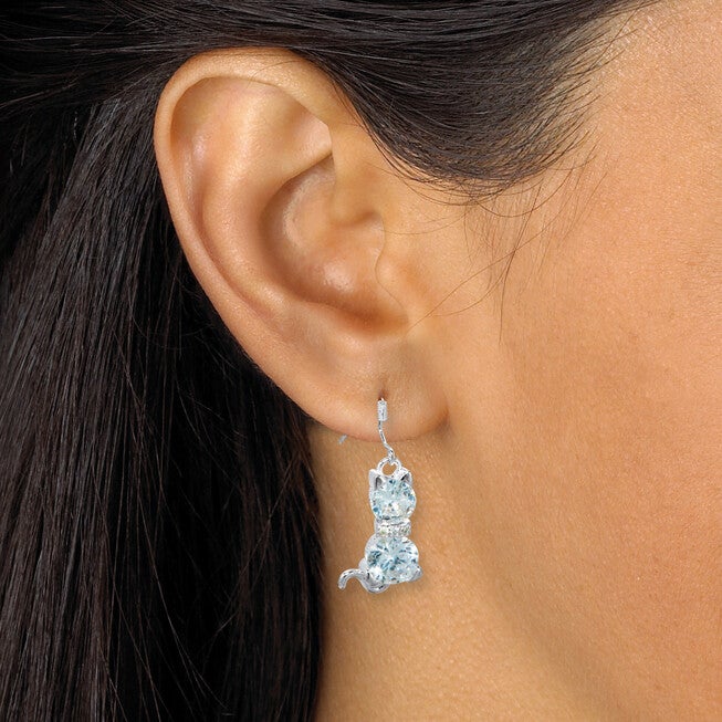 Round Crystal Silvertone Cat Earrings, WHITE, alternate image number 2