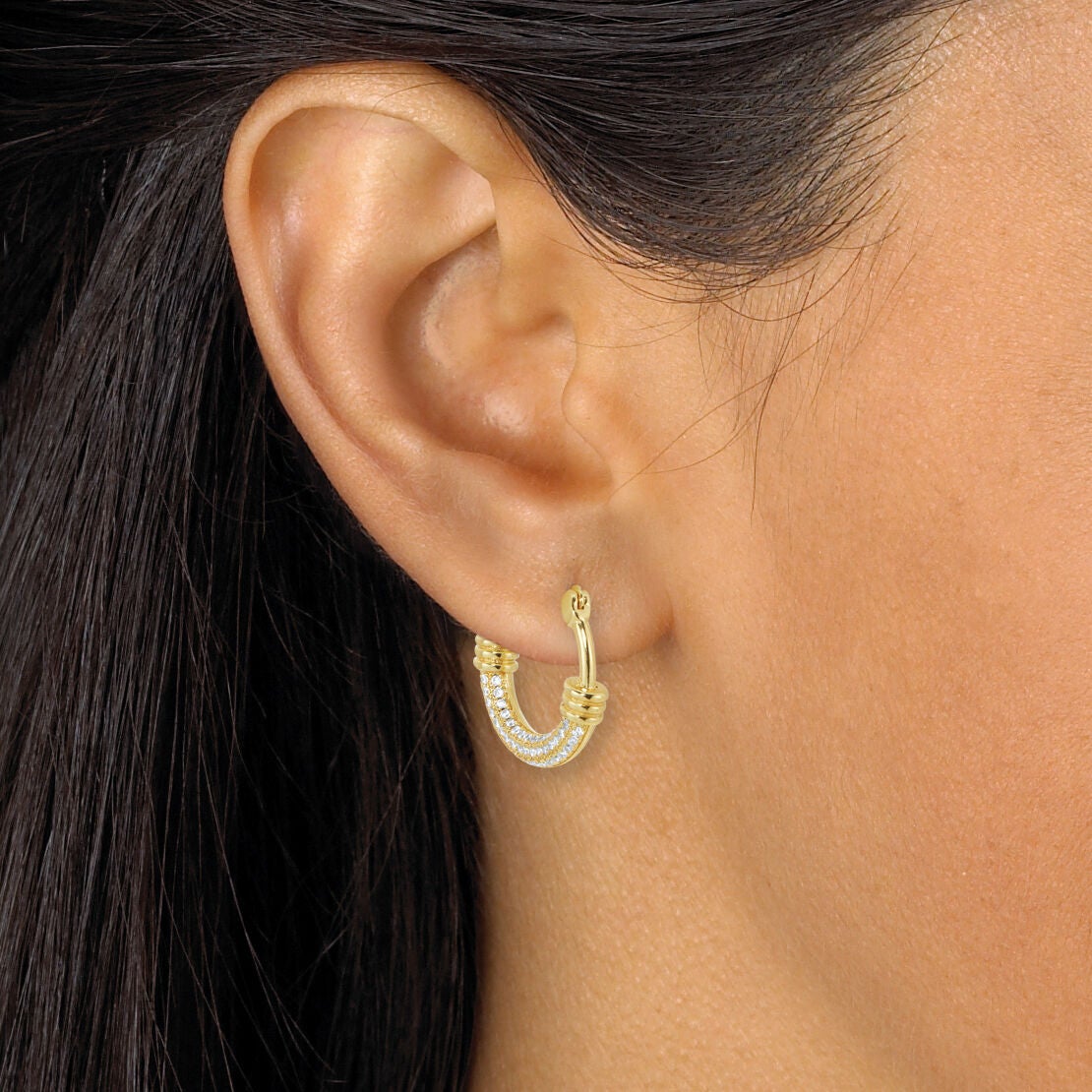 Round Crystal Goldtone Hoop Earrings, 2-Pair Set, WHITE, alternate image number 2