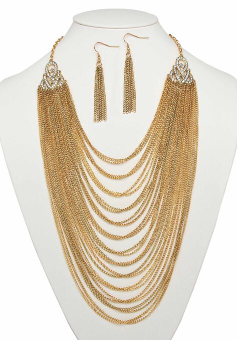 Gold Tone Waterfall 22" Necklace and Drop Earring Set, , alternate image number null