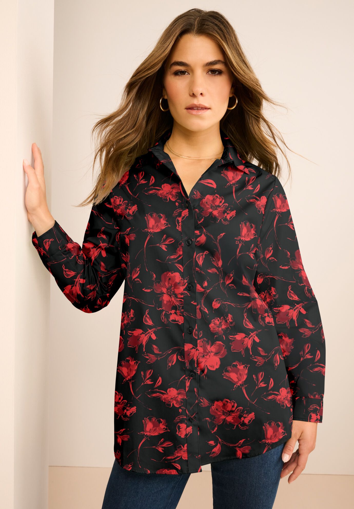 Kate Long-Sleeve Crisp Cotton-Blend Button-Front Shirt, RED SKETCH BLOSSOMS, on-hover image number 1