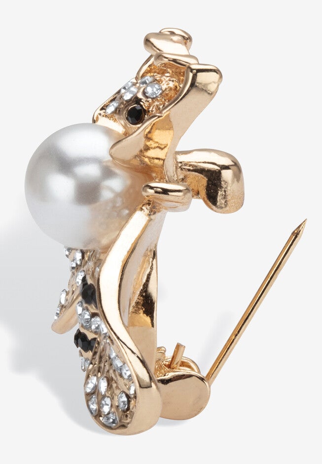 Goldtone Bee Pin Round Simulated Pearl And Round Crystals Jewelry, , on-hover image number 1