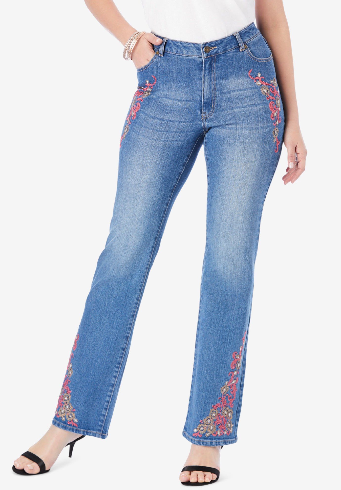 Plus Size Invisible Stretch® Two-Tone Embroidered Bootcut Jeans, CORAL KHAKI EMBROIDERY, hi-res image number 0