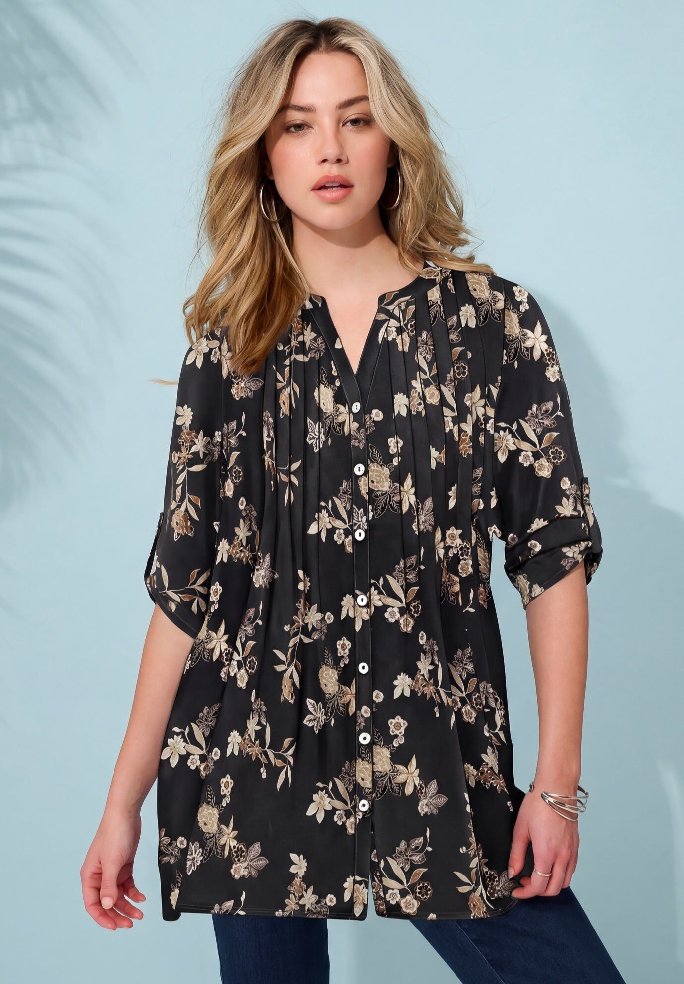 Plus Size Pintuck Tunic Blouse &ndash; Y-Neck & Roll-Tab Sleeves, BLACK BATIK VINE, hi-res image number 0