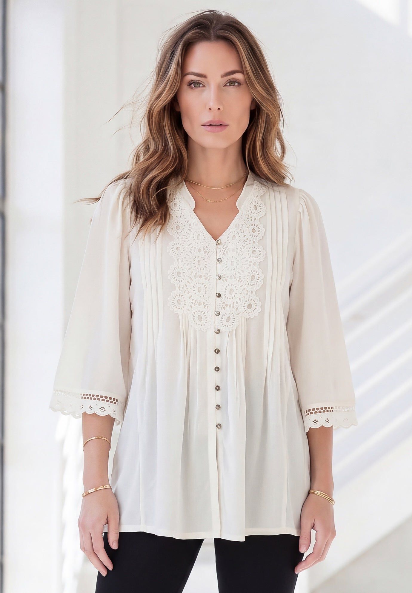 Plus Size Juliet Lace Trim Button-Down Shirt, WHITE, hi-res image number 0
