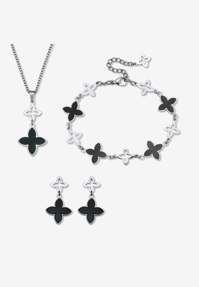 Genuine Black Mother Of Pearl Stainless Steel Clover Jewelry Set Jewelry, BLACK, hi-res image number null