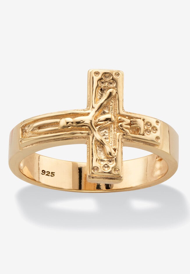 Gold-Plated Sterling Silver Horizontal Crucifix Cross Ring, GOLD, hi-res image number 0