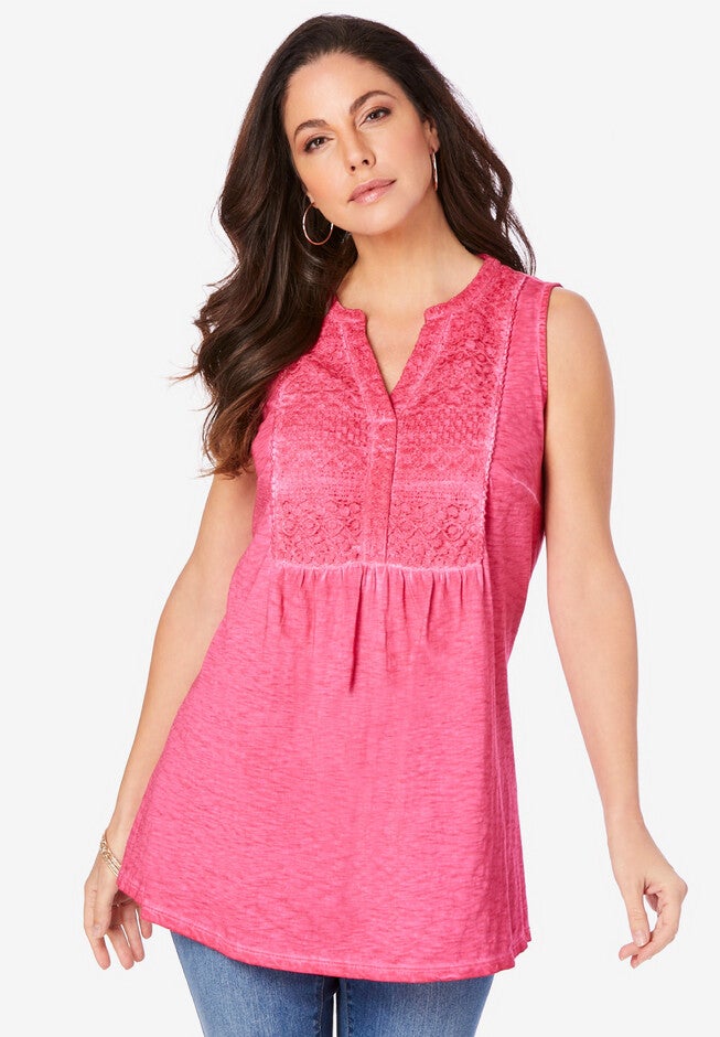 Sleeveless Lace-Trim Slub Tank, VINTAGE ROSE, hi-res image number null