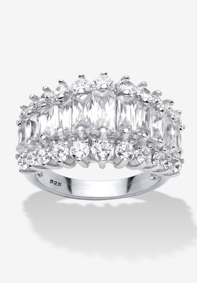 4.38 Cttw. Emerald-Cut Cubic Zirconia Platinum-Plated Silver Engagement Ring, SILVER, hi-res image number null