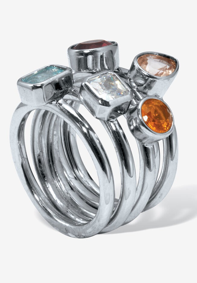 1.32 Tcw Cz And Simulated Crystal Platinum-Plated 5 Piece Stackable Ring Set, , on-hover image number null