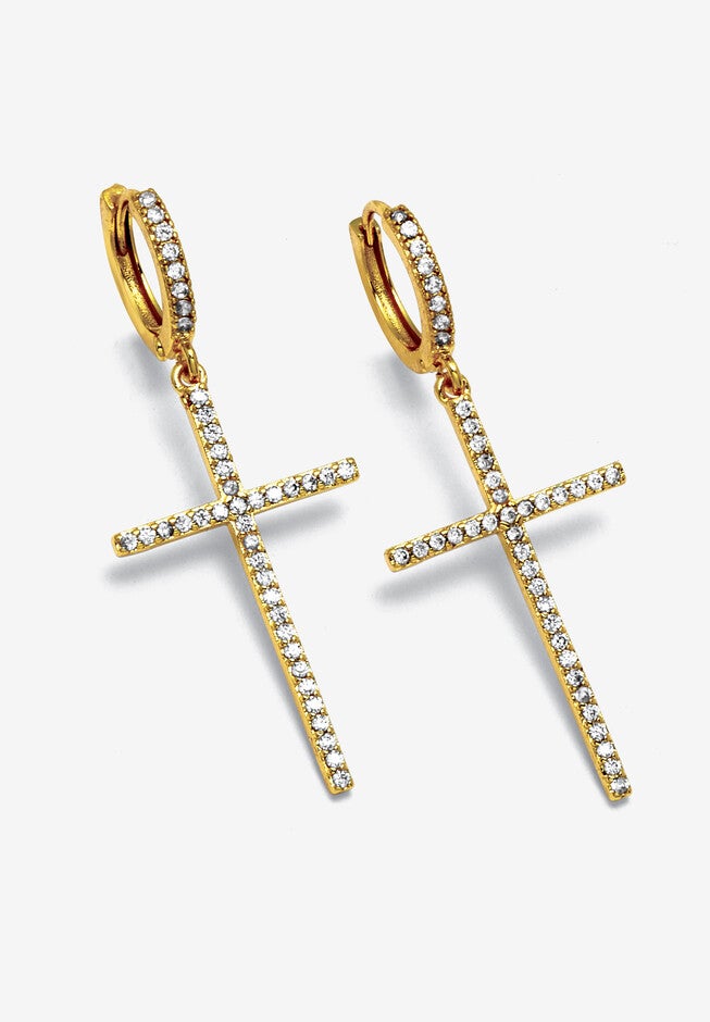 Crystal Cross Goldtone Drop Earrings, 42X18Mm, GOLD, hi-res image number null