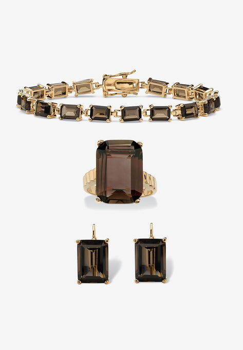 41.25 Tcw Genuine Smoky Quartz Gold-Plated Earring, Bracelet & Ring Set, BROWN, hi-res image number null