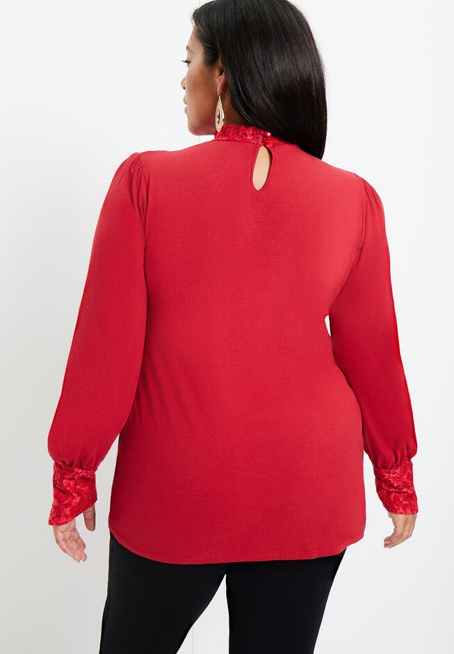 Lace Yoke Mockneck Top, , on-hover image number null