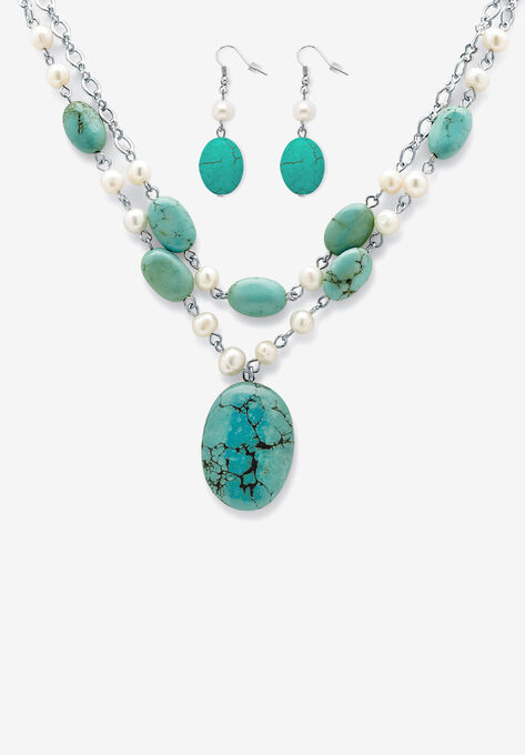Silver Tone Necklace And Earring Set, Pearl And Turquoise, PEARL TURQUOISE, hi-res image number null