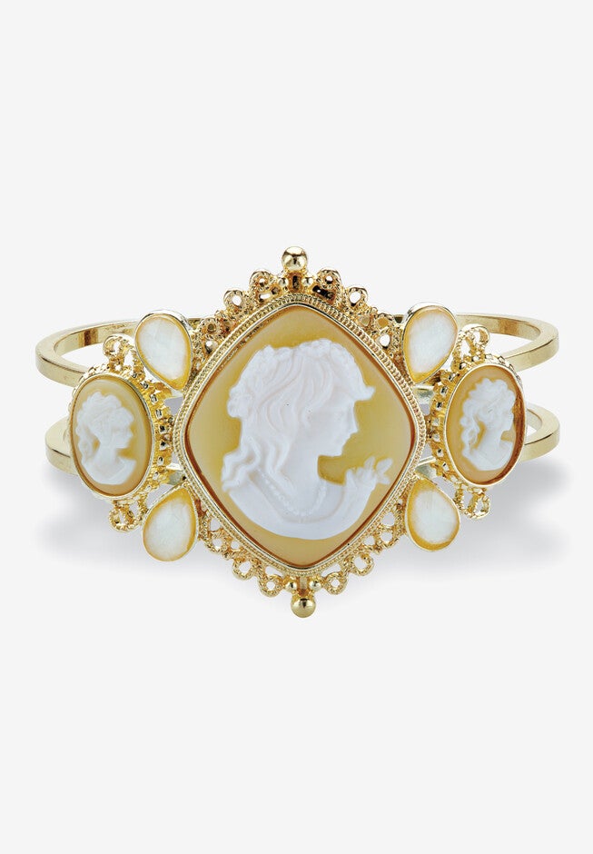 Vintage-Style Cameo Hinged Bangle Bracelet In Yellow Goldtone 7.5 inches, GOLD, hi-res image number null