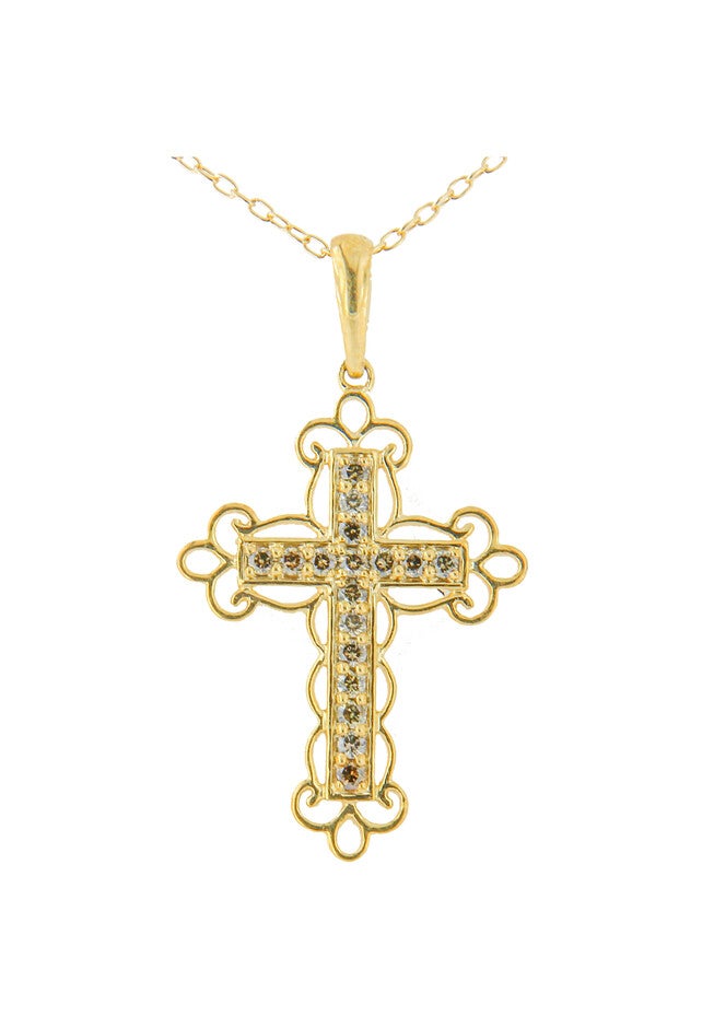 Yellow Flashed Sterling Silver Champagne Diamond Filigree Cross Pendant Necklace, YELLOW GOLD, hi-res image number 0