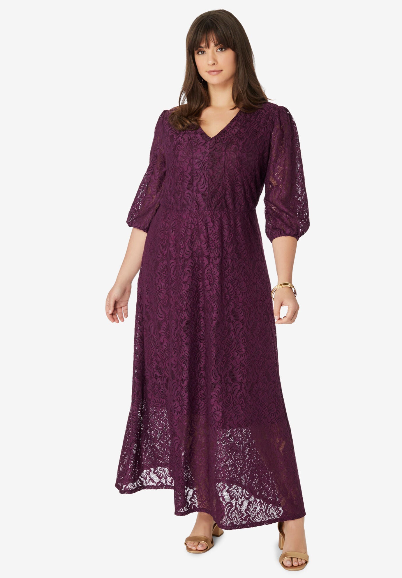 Blouson-Sleeve Lace Maxi Dress, DARK BERRY, hi-res image number 0