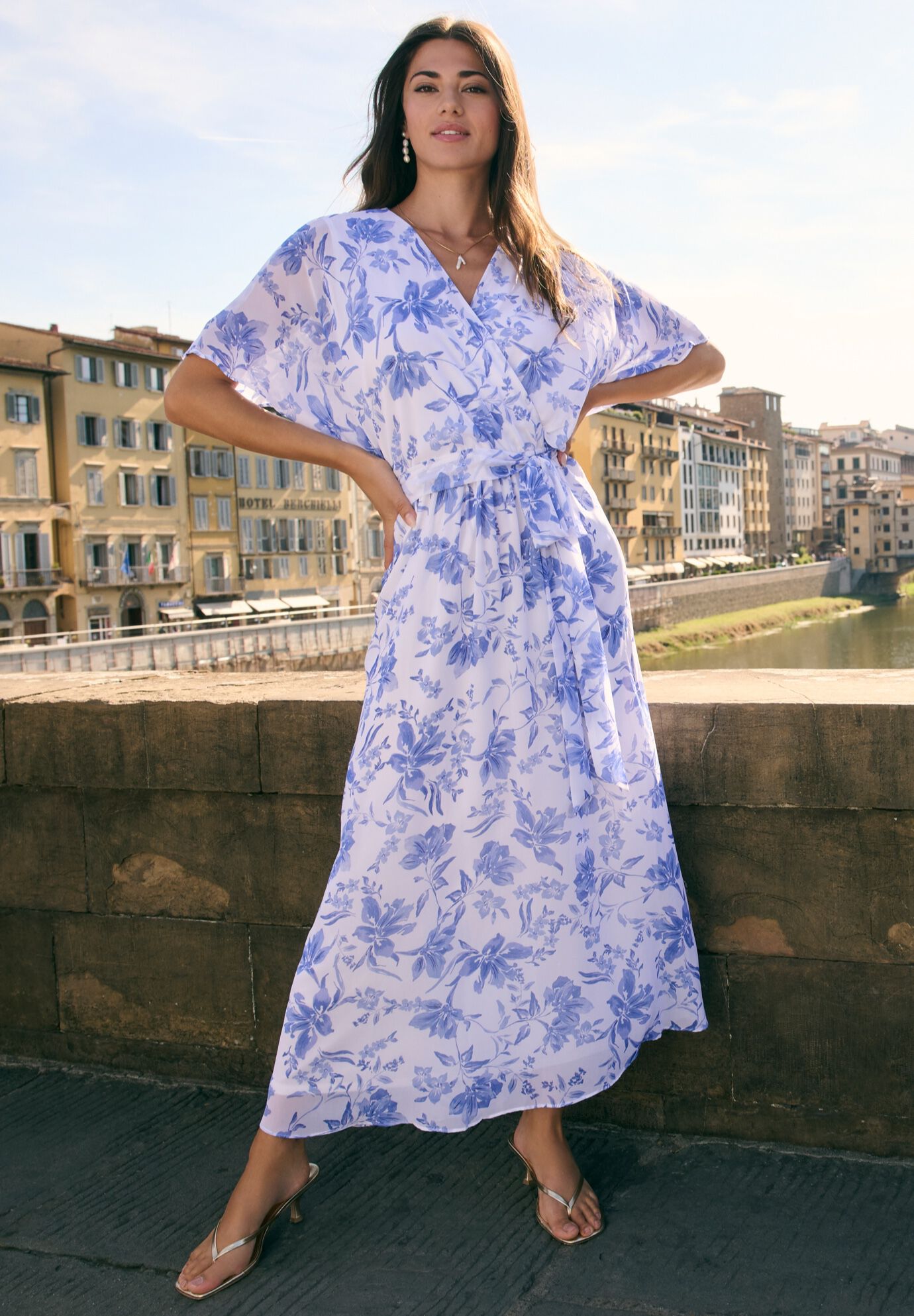 Chiffon Kimono Sleeve Maxi Dress, BLUE IVORY, on-hover image number 1