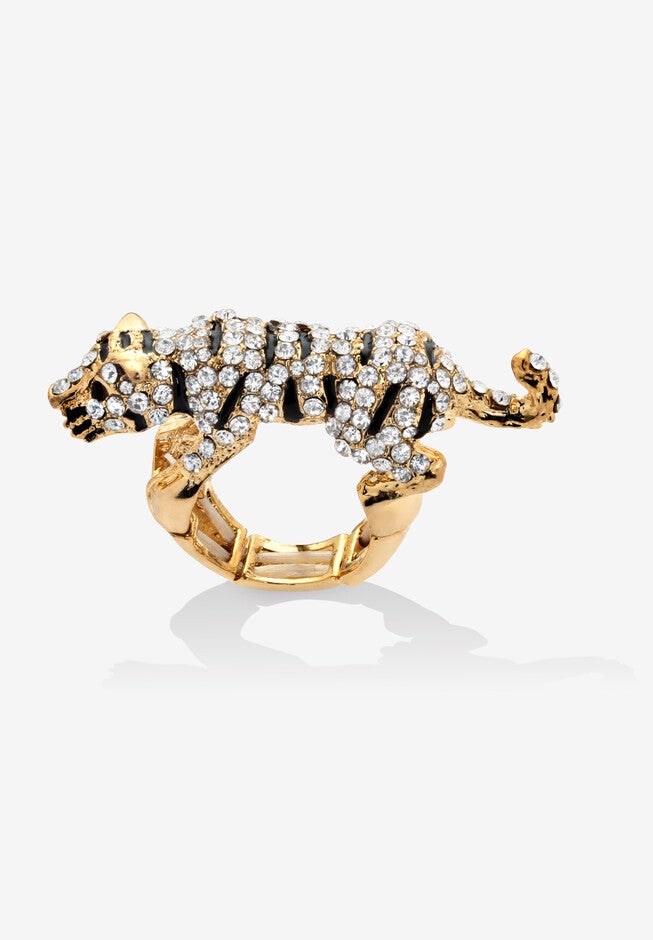 Gold Tone Black Crystal Stretch Tiger Ring Jewelry, , on-hover image number null