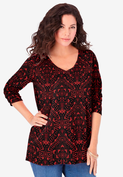 Long-Sleeve V-Neck Ultimate Tee, RED MOSAIC GEO, hi-res image number null