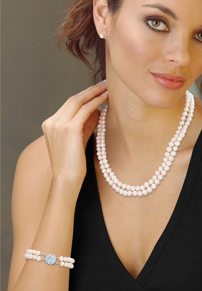 Pearl 3-Piece Earring, Double Strand Necklace And Bracelet Set In Sterling Silver 18 inches, , alternate image number null