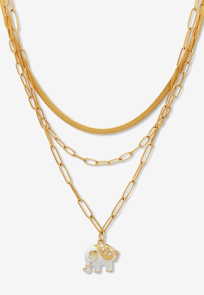 Yellow Gold Ion-Plated Stainless Steel 3-Strand Layered Necklace Set With Elephant Pendant, CRYSTAL, hi-res image number null