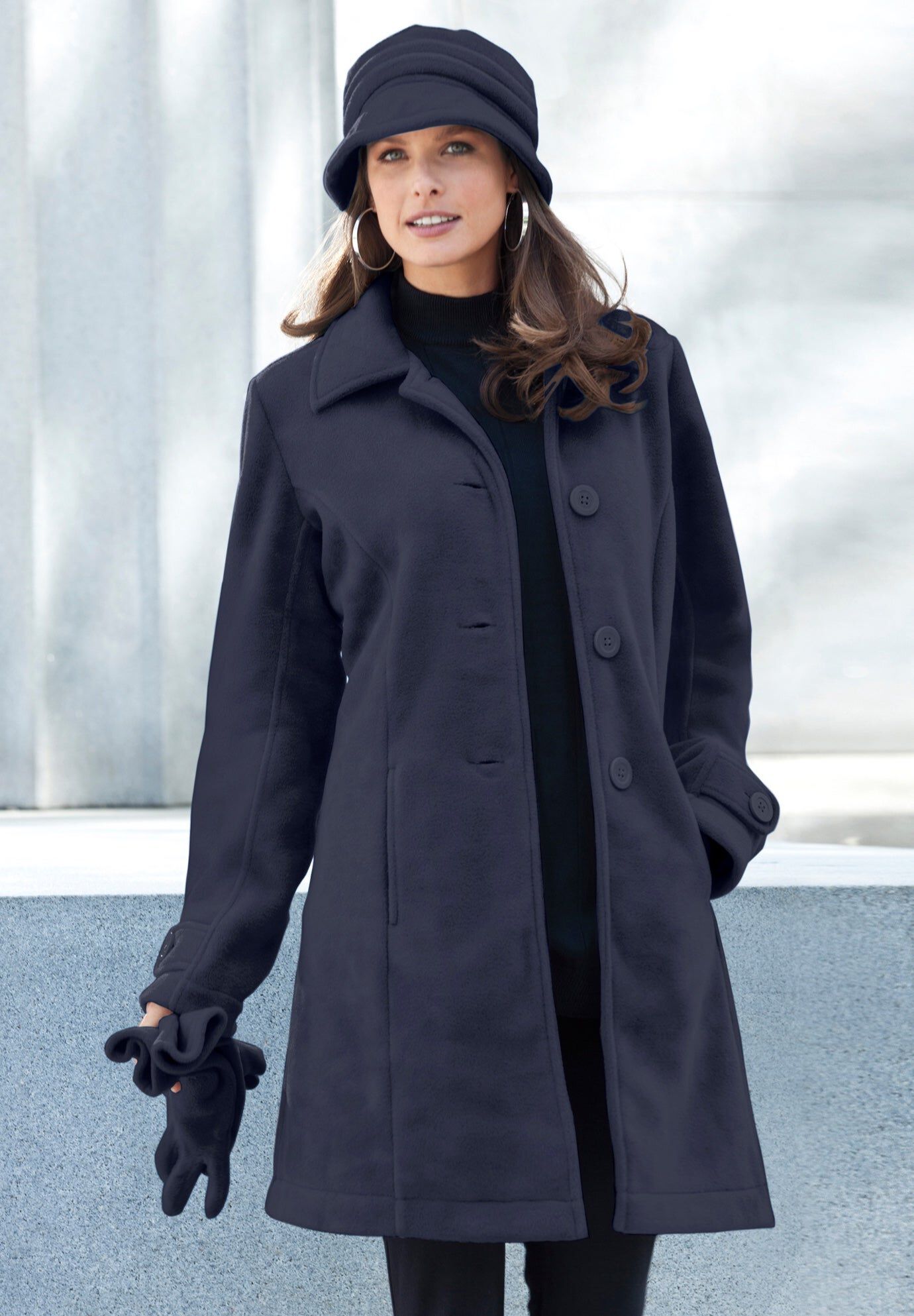 Plus Size Button Up Fleece Jacket, NAVY, hi-res image number 0