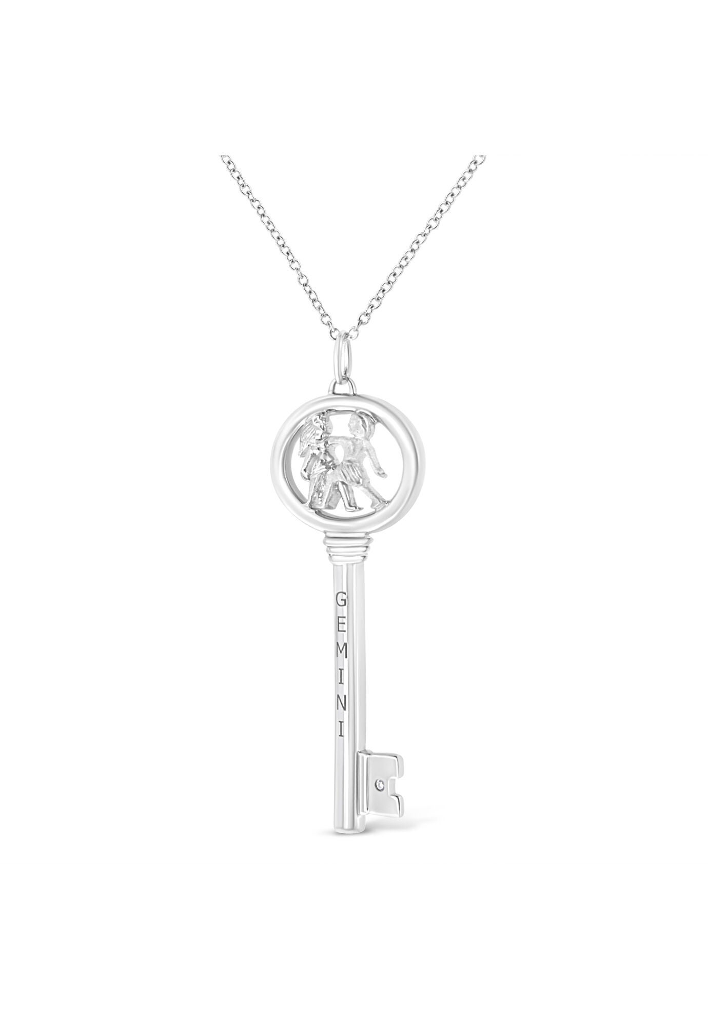 Sterling Silver Diamond Accent Gemini Zodiac Key Pendant Necklace, , alternate image number 2