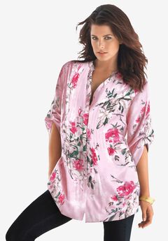 Plus Size Floral Y-Neck Pintuck Tunic – Adjustable Long Sleeve Button-Front, Relaxed Shirt Style