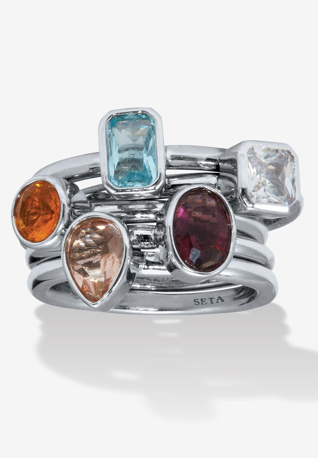 1.32 Tcw Cz And Simulated Crystal Platinum-Plated 5 Piece Stackable Ring Set, GOLD, hi-res image number null