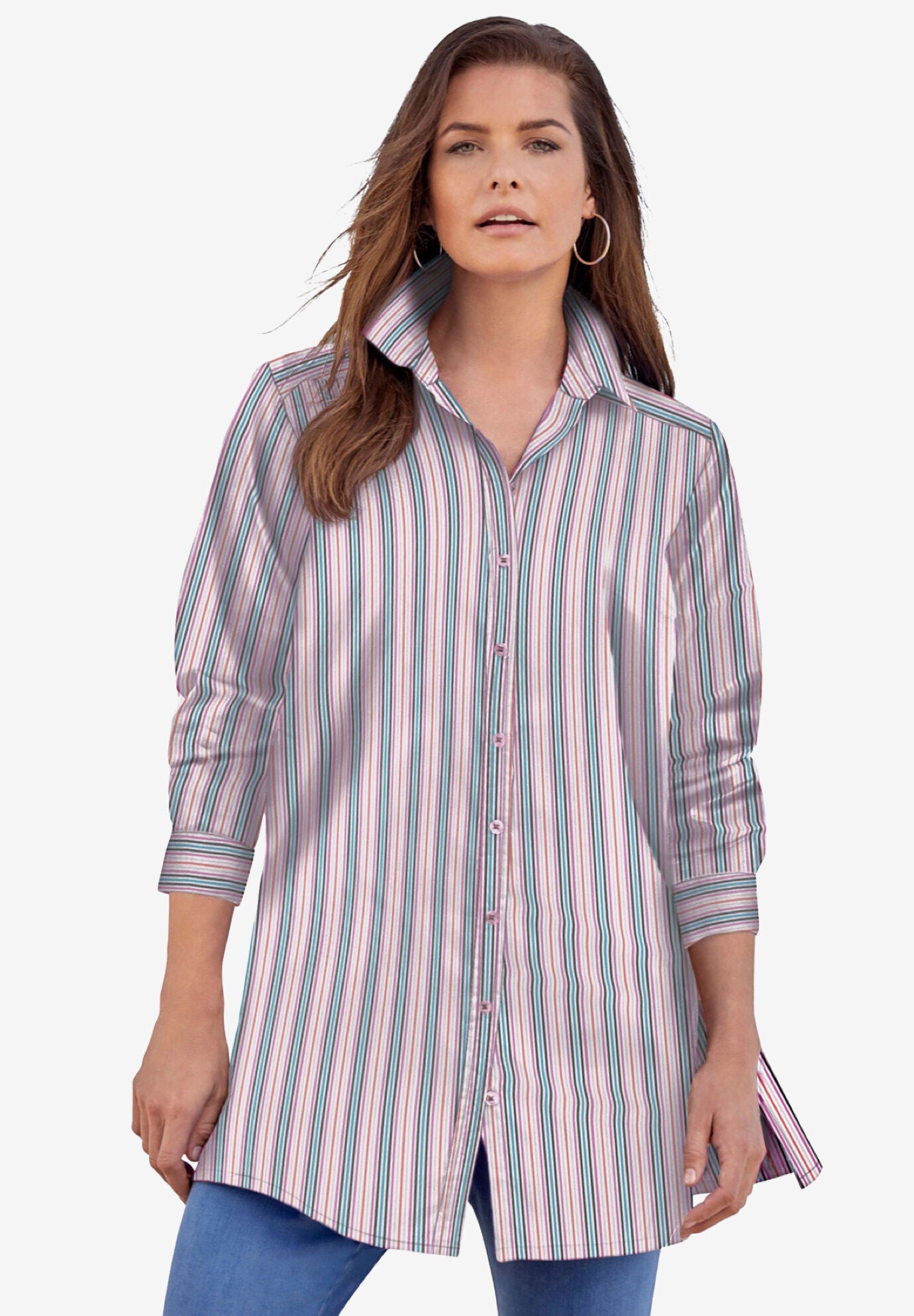 Kate Long-Sleeve Crisp Cotton-Blend Button-Front Tunic, , alternate image number 2